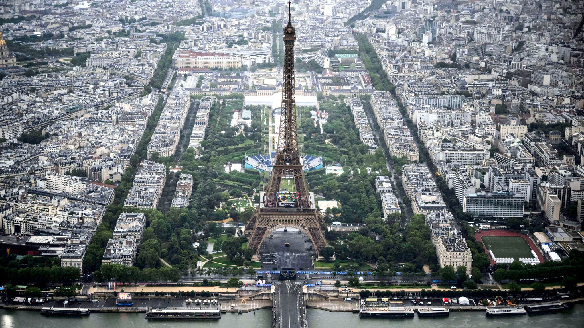 This aerial photo shows the Eiffel Tower during the opening ceremony. Pic AP