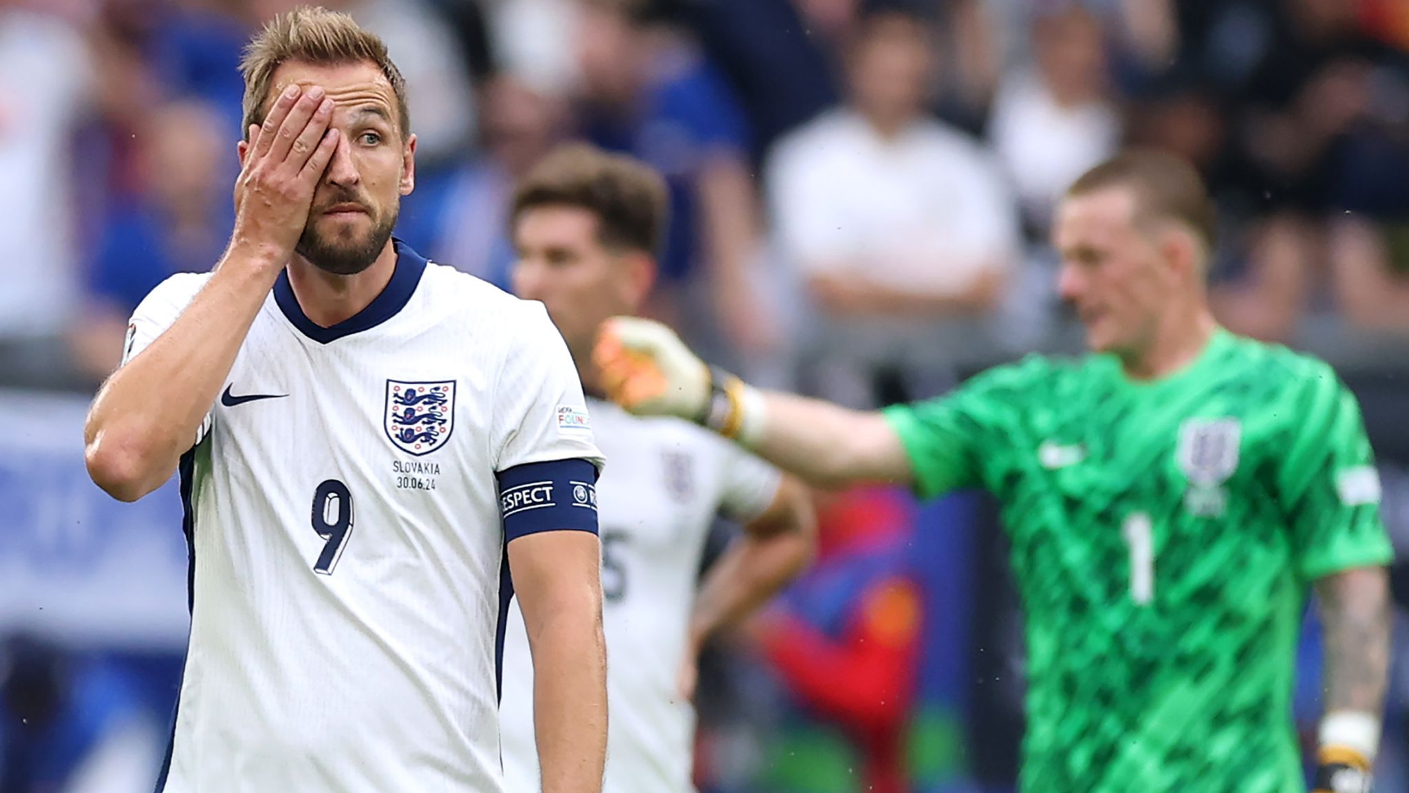 Harry Kane looks dejected after England concede a first-half goal to Slovakia