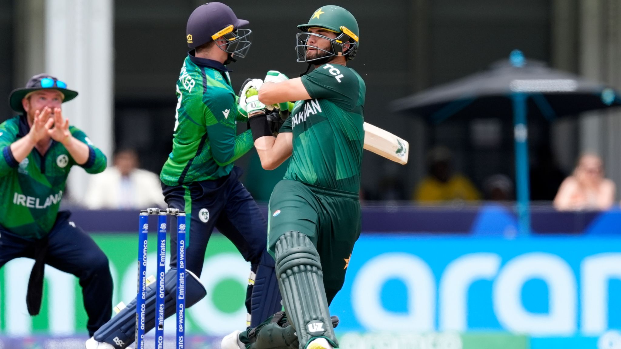 Pakistan's Shaheen Shah Afridi plays a shot during the ICC Men's T20 World Cup cricket match between Ireland and Pakistan at the Central Broward Regional Park Stadium, Lauderhill, Fla., Sunday, June 16, 2024. (AP Photo/Lynne Sladky)