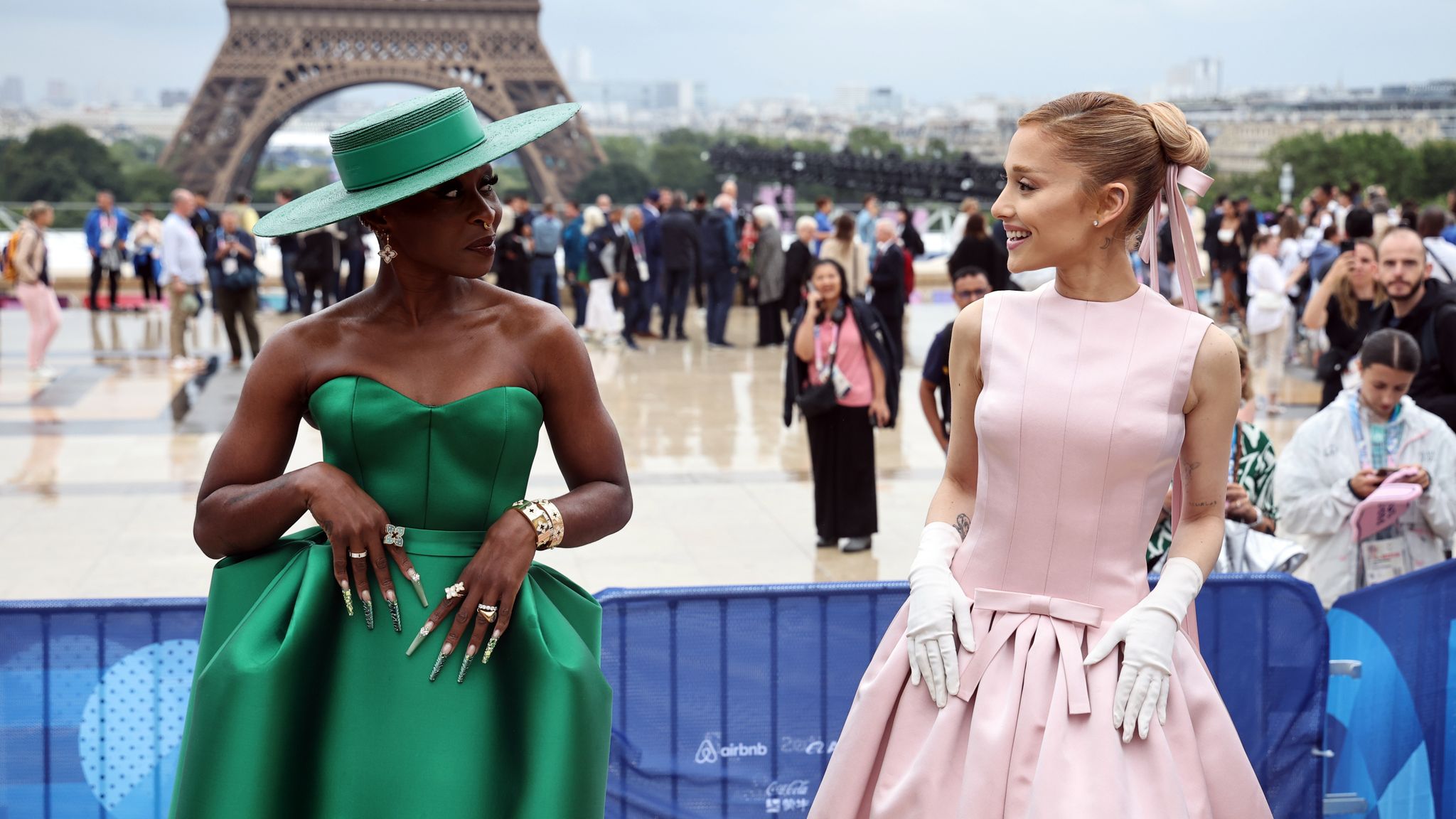 Ariana Grande and Cynthia Erivo arrive at the Trocadero ahead of the opening ceremony for the Paris 2024 Olympic Games. Pic: PA