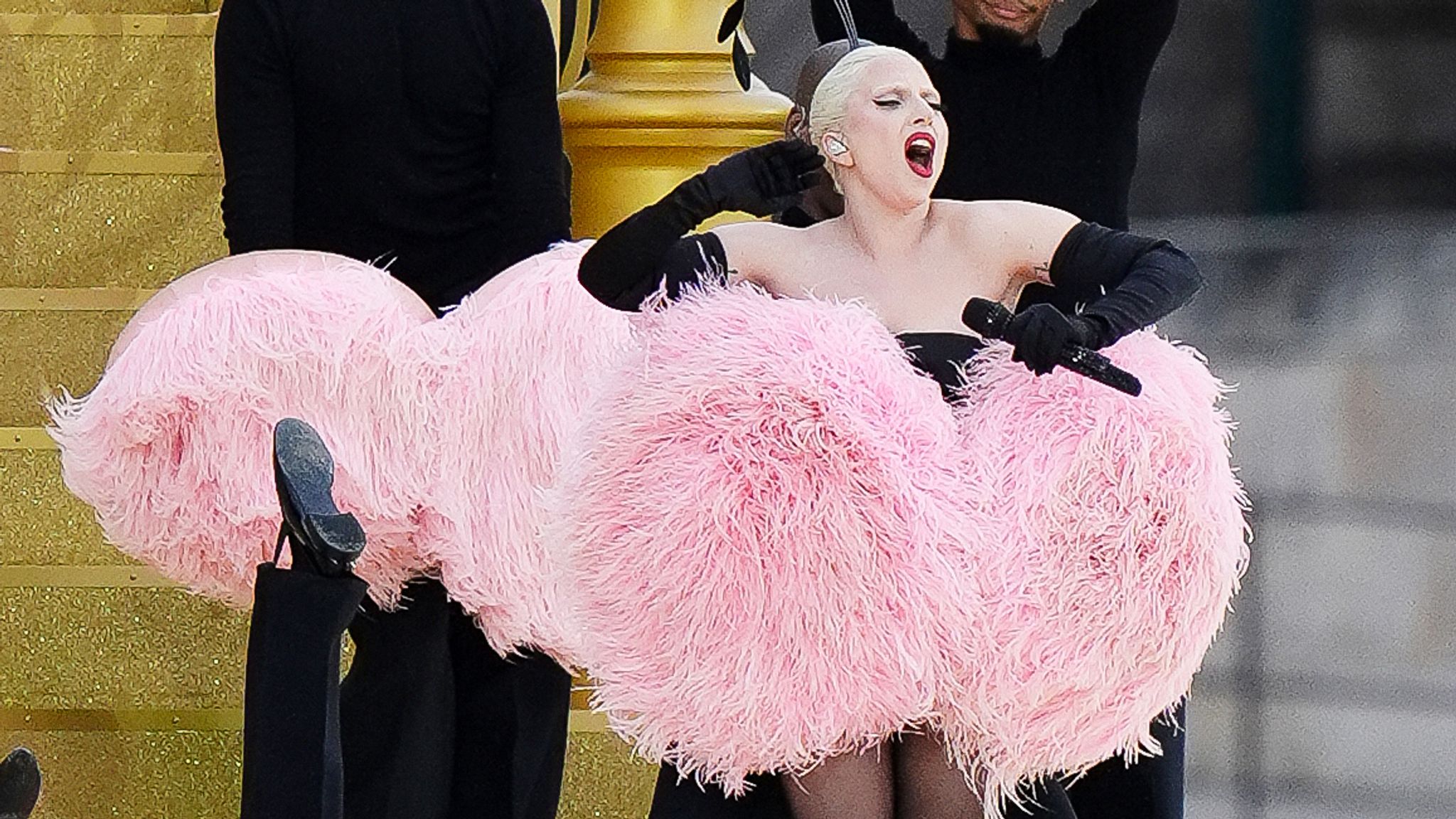 Lady Gaga rehearsing along the Seine ahead of the opening ceremony. Pic PA 