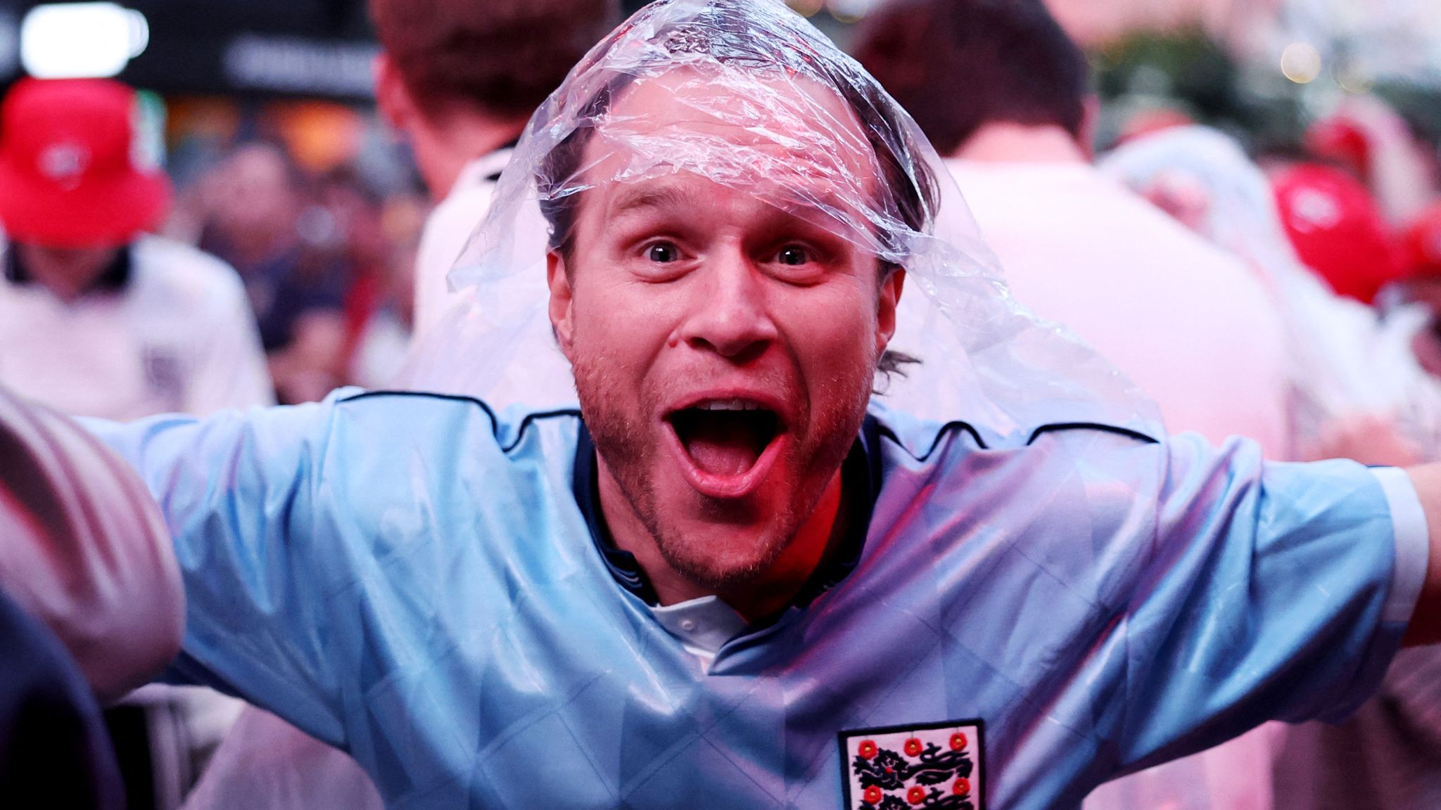 Olly Murs celebrates after England's Harry Kane scores their first goal. Pic: Reuters