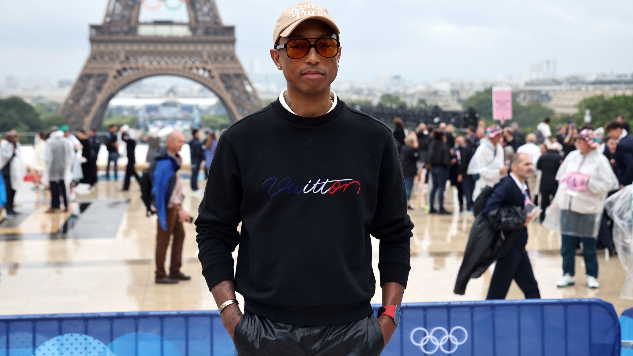 Pharrell Williams arrives at the Trocadero ahead of the opening ceremony. Pic: PA