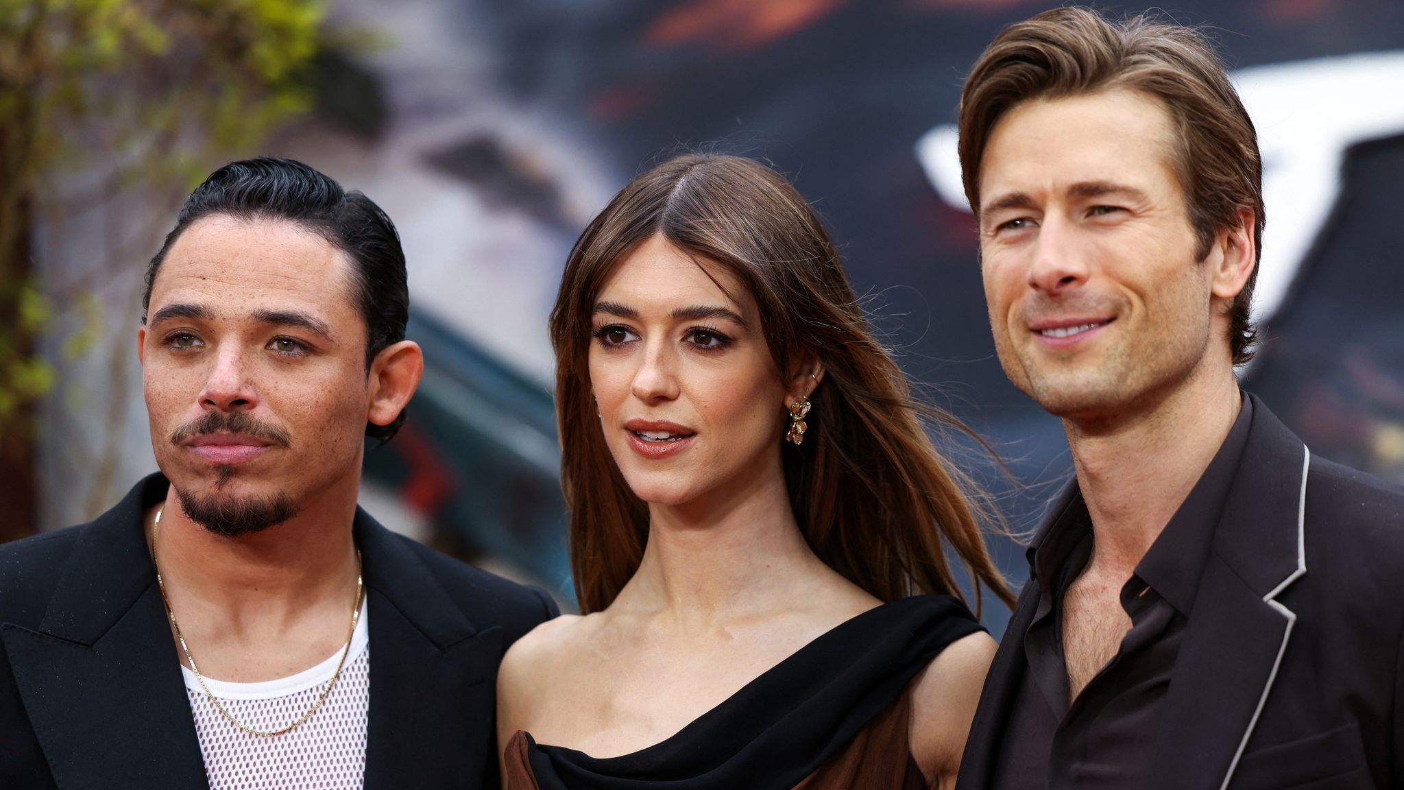 Anthony Ramos, Daisy Edgar-Jones and Glen Powell at the European premiere of Twisters in London. Pic: Reuters