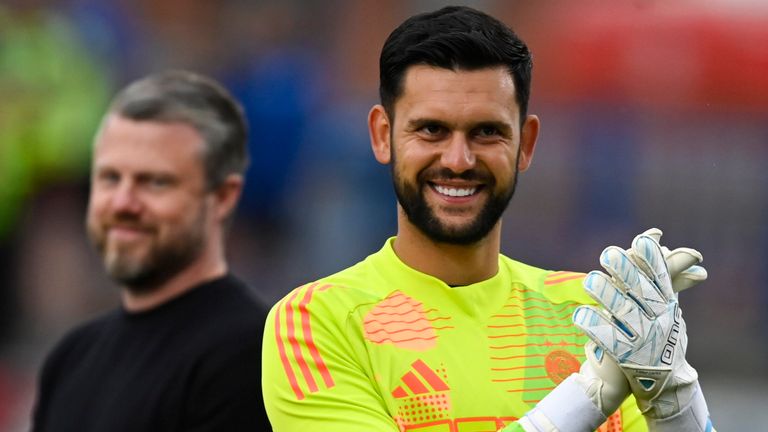 DUMFRIES, SCOTLAND - JULY 13: Aberdeen&#39;s Dimitar Mitov at full time during a Premier Sports Cup group stage match between Queen of the South and Aberdeen at Palmerston Park, on July 13, 2024, in Dumfries, Scotland. (Photo by Rob Casey / SNS Group)