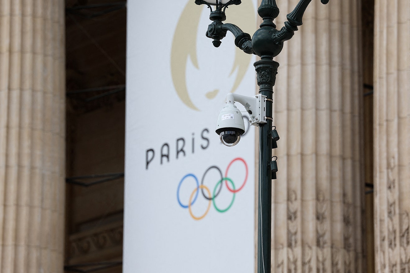 CCTV surveillance camera with a logo of the Paris 2024 Olympic and Paralympic Games displayed on the Grand Palais...