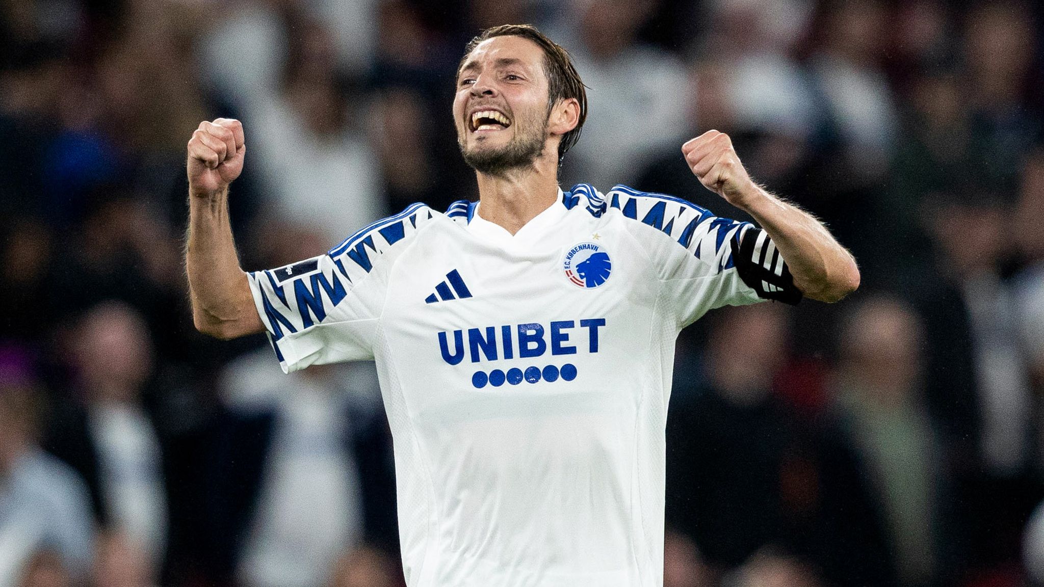 COPENHAGEN, DENMARK - AUGUST 22: FC Copenhagen's Rasmus Falk celebrates making it 2-0 during a UEFA Conference League play-off match between FC Copenhagen and Kilmarnock at Parken Stadion, on August 22, 2024, in Copenhagen, Denmark. (Photo by Craig Foy / SNS Group)