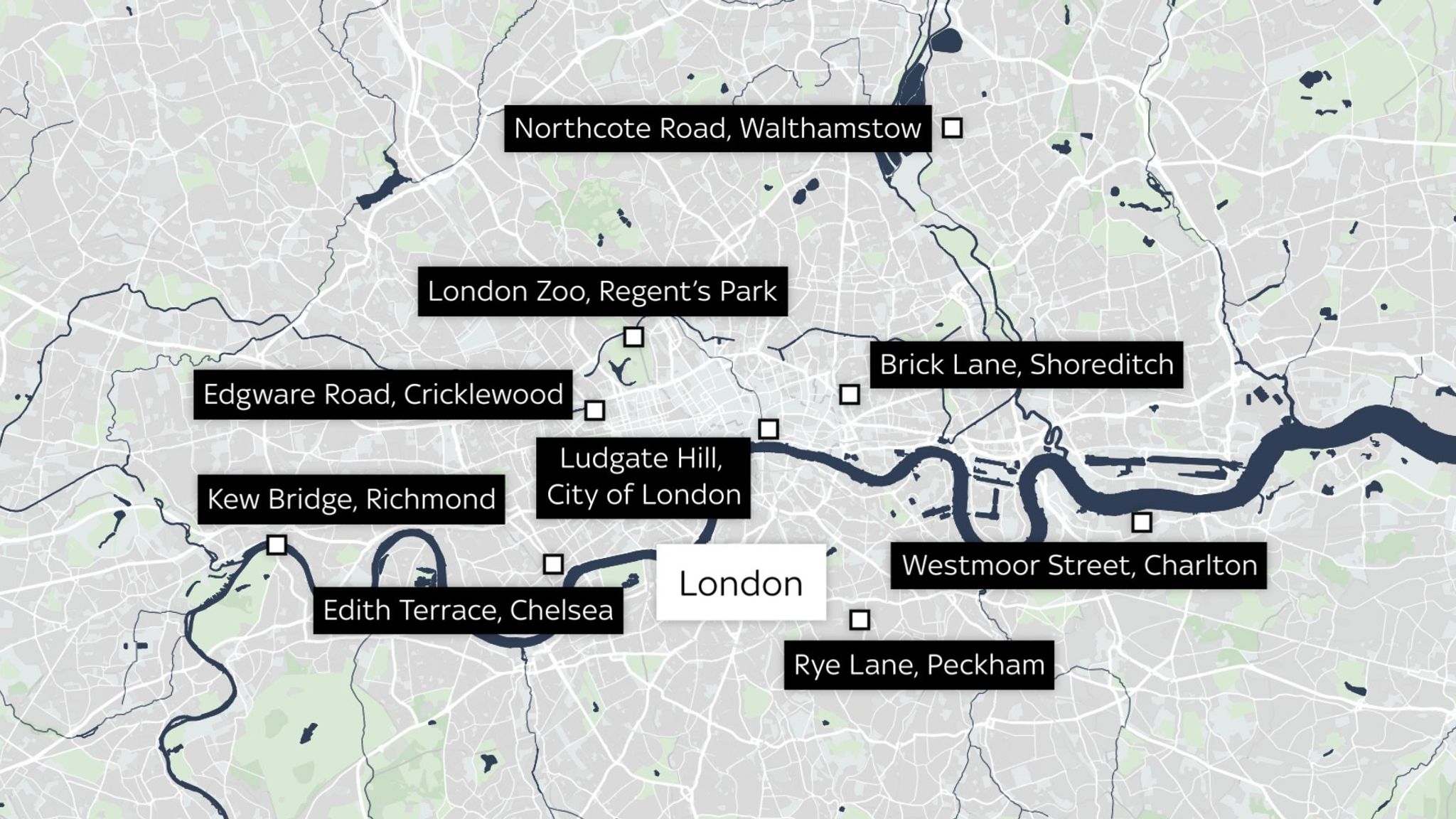 Map showing parts of London where Banksy images have popped up