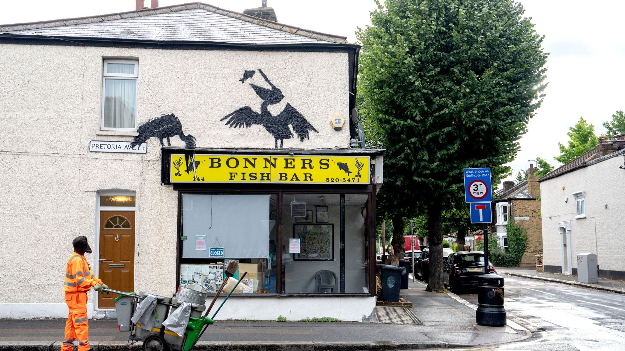 Banksy's new artwork depicting pelicans eating fish, painted on the side of Bonners Fish Bar in Walthamstow. Pic: PA