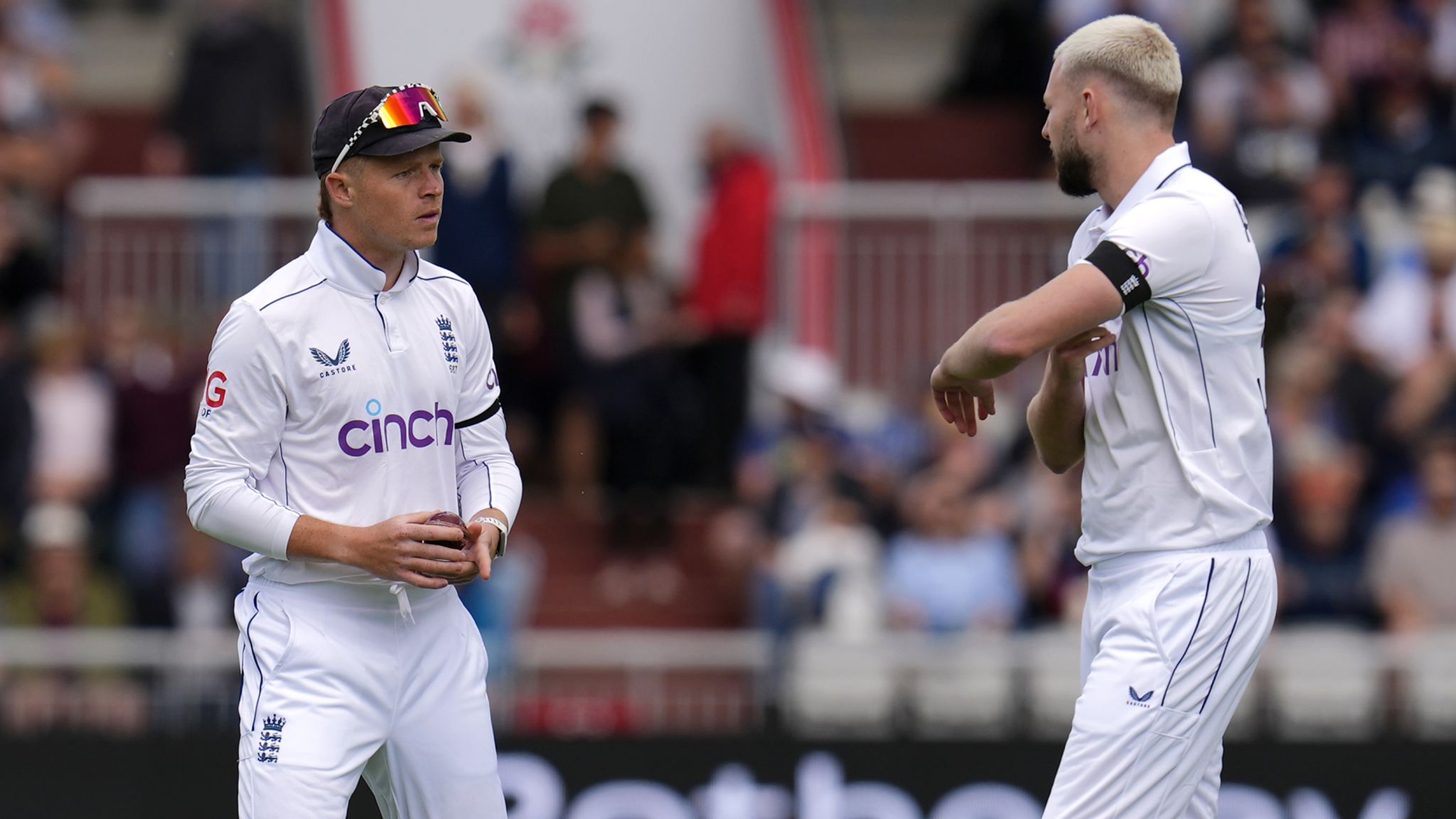 England v Sri Lanka - Rothesay Men's Test Match - First Test - Day One - Emirates Old Trafford England's Ollie Pope and Gus Atkinson (right) during day one of the First Rothesay Test match at Emirates Old Trafford, Manchester. Picture date: Wednesday August 21, 2024.