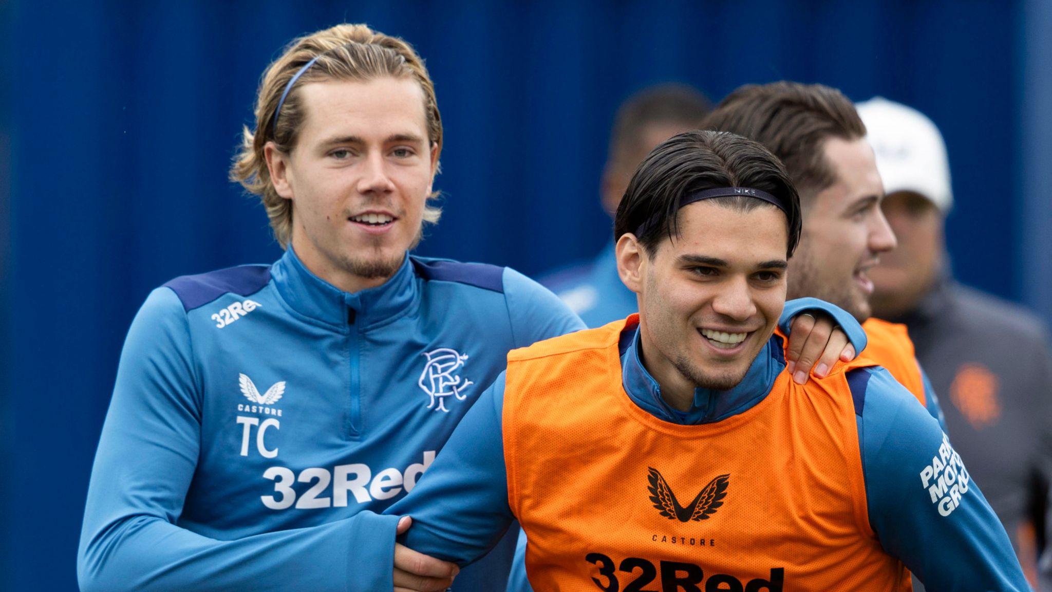 GLASGOW, SCOTLAND - JULY 04: Todd Cantwell (L) and Ianis Hagi during a Rangers training session at the Rangers Training Centre on July 04, 2023, in Glasgow, Scotland. (Photo by Craig Foy / SNS Group)