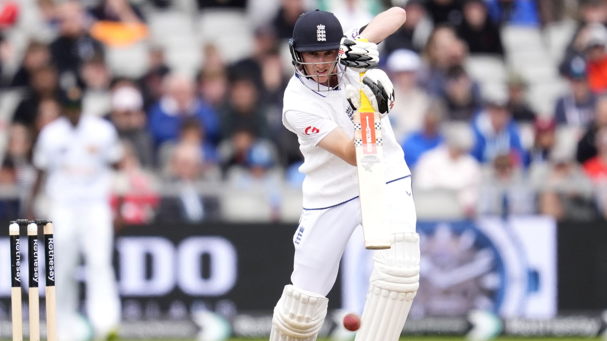 England v Sri Lanka - Rothesay Men's Test Match - First Test - Day Two - Emirates Old Trafford England's Harry Brook strikes the ball for a boundary during day two of the First Rothesay Test match at the Emirates Old Trafford, Manchester. Picture date: Thursday August 22, 2024.