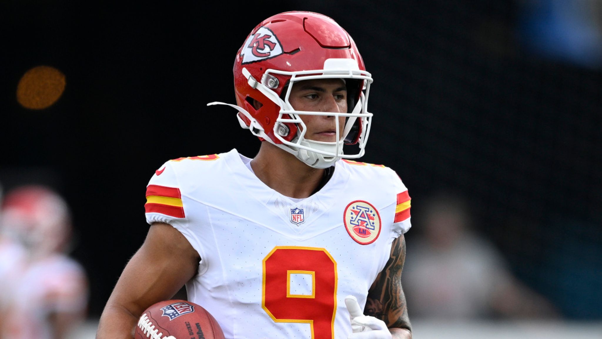 Kansas City Chiefs running back Louis Rees-Zammit warms up before the start of an NFL preseason football game between the Kansas City Chiefs and the Jacksonville Jaguars Saturday, Aug. 10, 2024, in Jacksonville, Fla. (AP Photo/Phelan M. Ebenhack) 