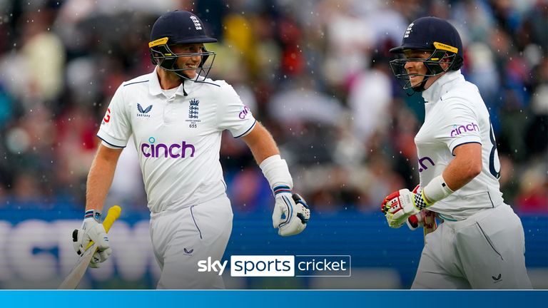 England�s Joe Root (left) and England�s Ollie Pope leave the field of play as rain stops play during day three of the first Ashes test match at Edgbaston, Birmingham. Picture date: Sunday June 18, 2023. 