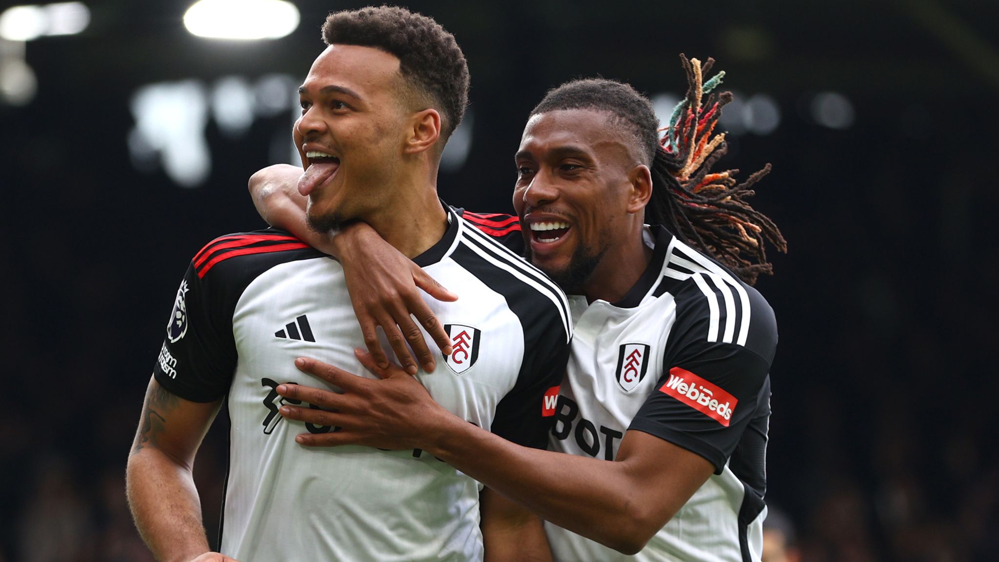 Rodrigo Muniz celebrates with team-mate Alex Iwobi after opening the scoring for Fulham against Crystal Palace