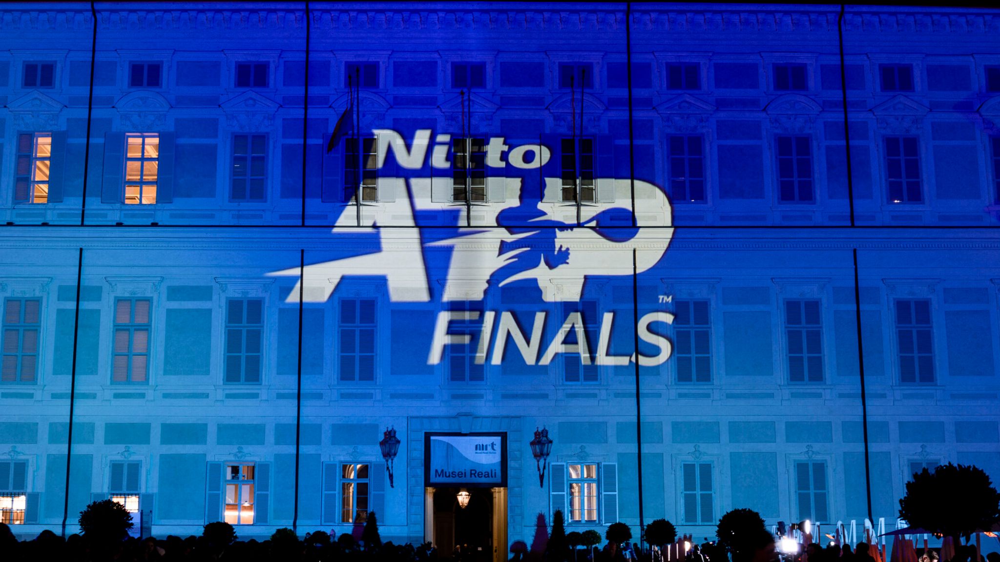 PIAZZETTA REALE, TURIN, ITALY - 2023/11/10: A general view of Royal Palace of Turin is seen during the Blue Carpet of the Nitto ATP Finals. The 2023 Nitto ATP Finals will be held from 12 to 19 November. (Photo by Nicol.. Campo/LightRocket via Getty Images)