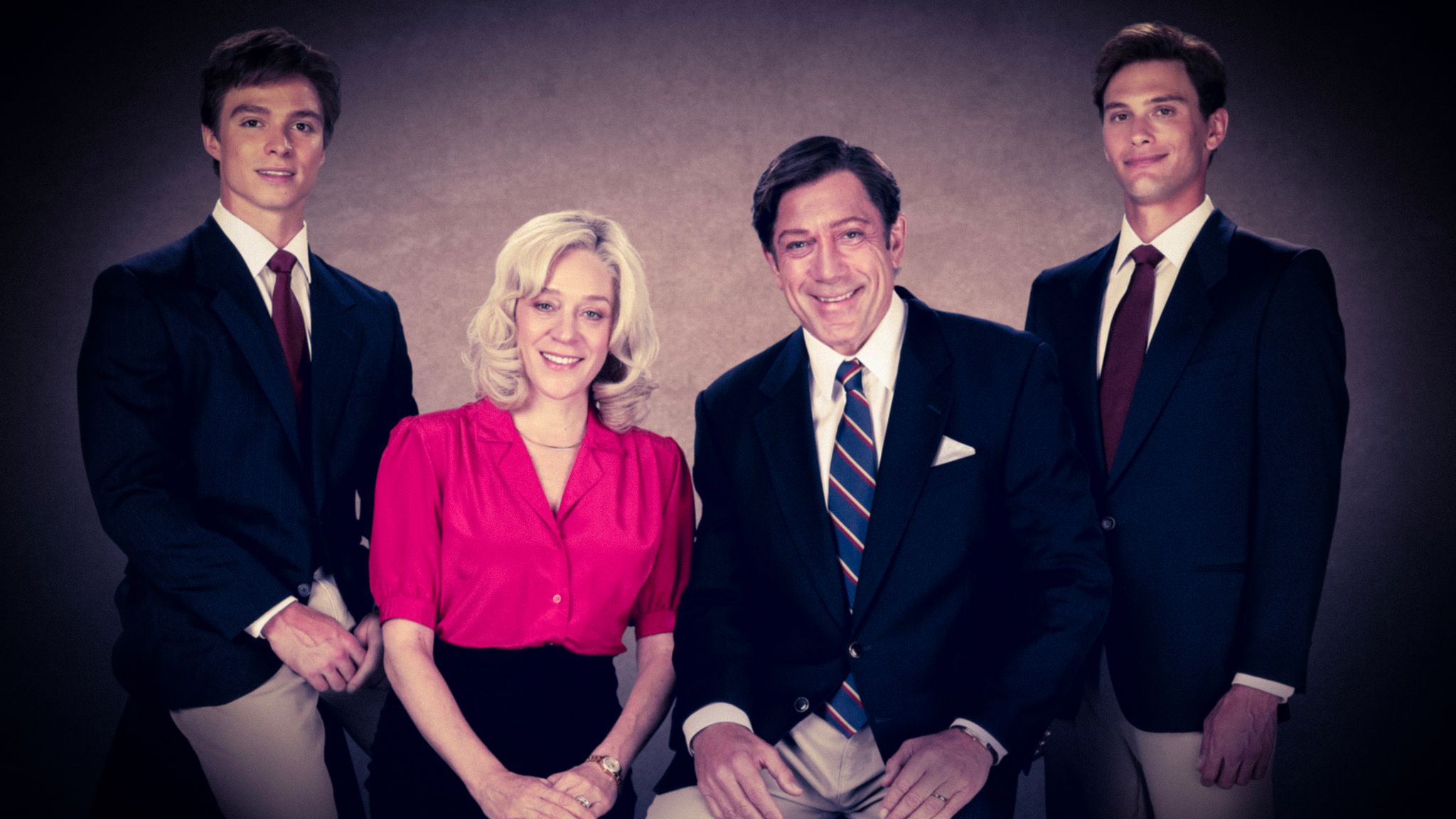 (L to R) Nicholas Chavez as Lyle Menendez, Chloë Sevigny as Kitty Menendez, Javier Bardem as Jose Menendez and Cooper Koch as Erik Menendez. Pic: Netflix 