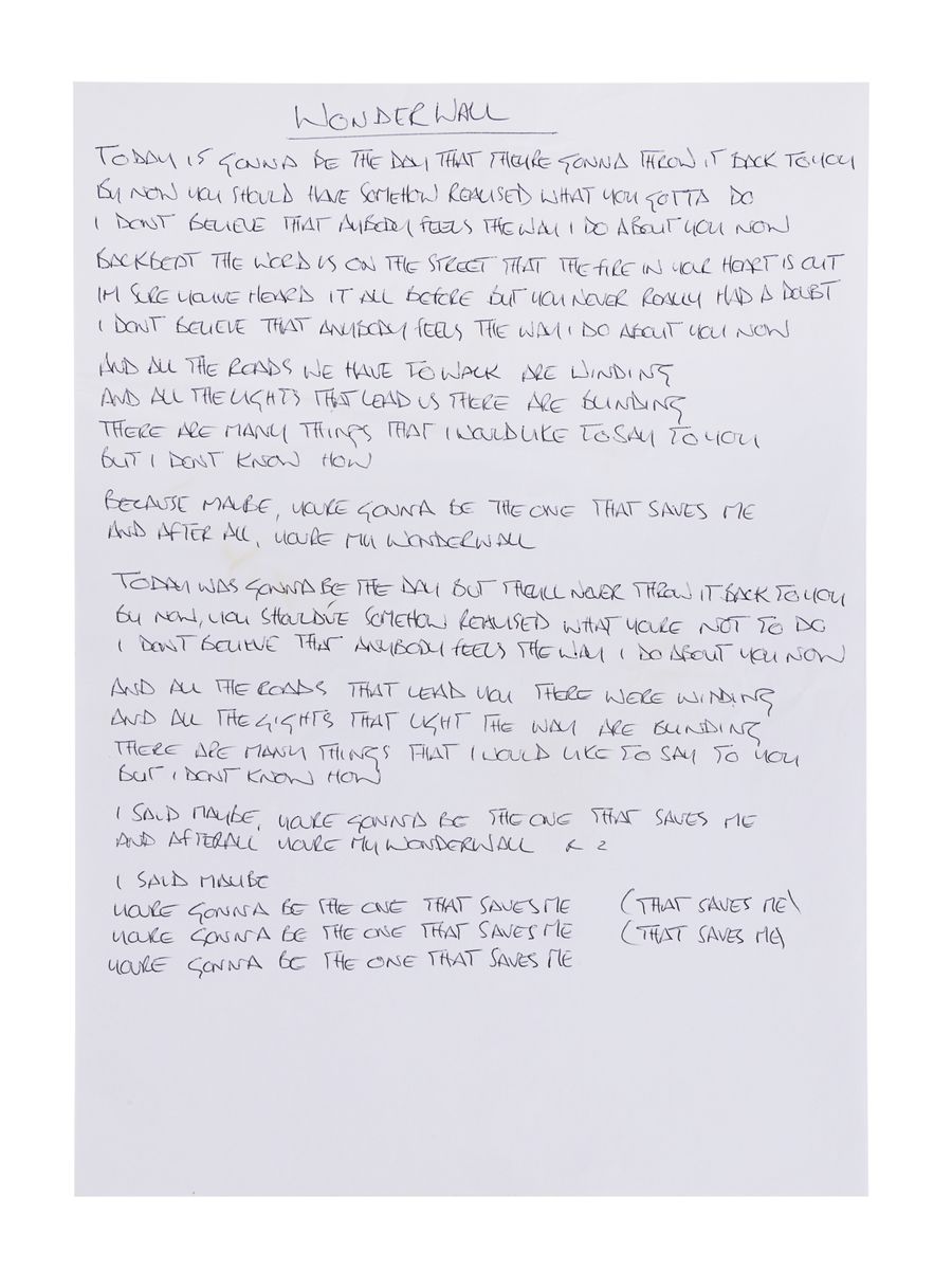 EMBARGOED TO 0001 FRIDAY SEPTEMBER 6 Undated handout photo issued by Propstore of the lyrics to Wonderwall handwritten by Noel Gallagher. Noel Gallagher's psychedelic golf buggy and Liam Gallagher's tambourine are among a host of Oasis memorabilia going to auction. More than 60 lots will be on offer at the Propstore online Entertainment Memorabilia Live Auction in November. Issue date: Friday September 6, 2024.