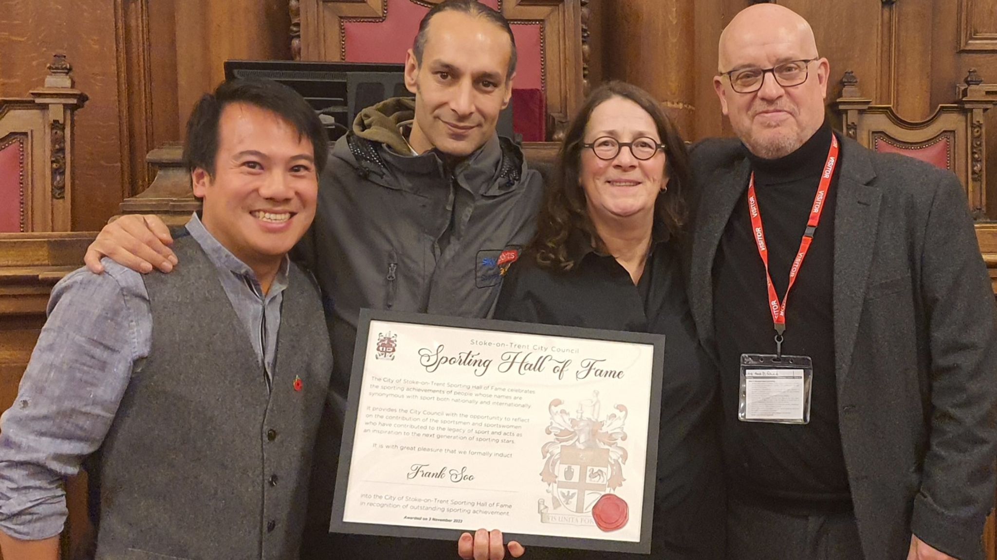 Frank Soo Foundation chair Alan Lau, Sky Sports News' Dev Trehan, Frank Soo's great niece Jacqui Soo and the brother of Susan Gardiner who authored The Wanderer: The Story of Frank Soo - at Stoke Civic Centre for Frank's appointment to the SportingHall of Fame