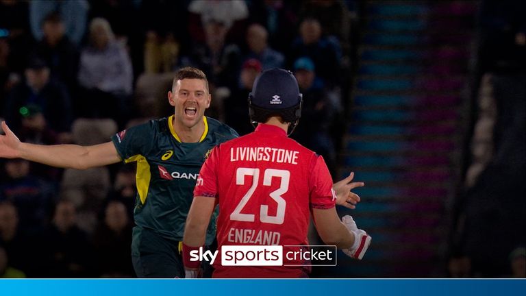 Josh Hazlewood got the vital wicket of Liam Livingstone as England slipped to 108-6 in their chase of 180 against Australia.