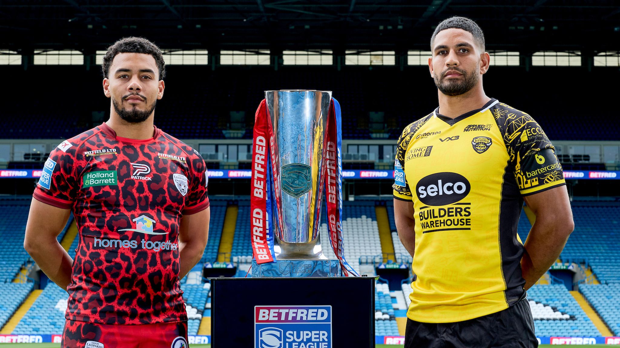 Picture by John Clifton/SWpix.com - 12/08/2024 - Rugby League - Betfred Super League - Magic Weekend Preview - Elland Road, Leeds, England -.Leigh Leopards Darnell Mcintosh and Salford Red Devils Nene MacDonald