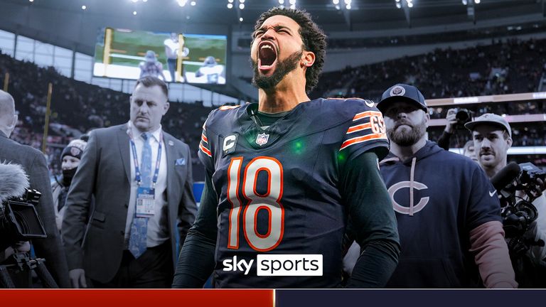 Chicago Bears quarterback Caleb Williams (18) reacts as he leaves the field after an NFL football game at the Tottenham Hotspur stadium between the Jacksonville Jaguars and Chicago Bears in London, Sunday, Oct. 13, 2024. (AP Photo/Alastair Grant)