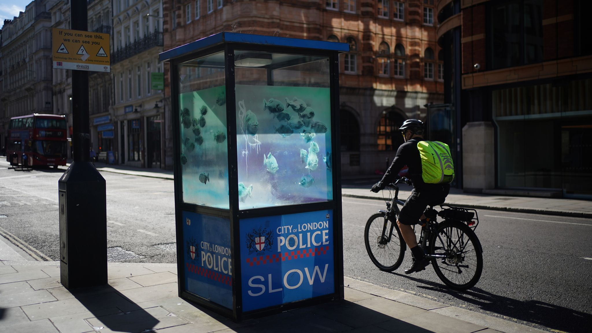 The design of swimming fish has appeared on a police box in the City of London. Pic: PA