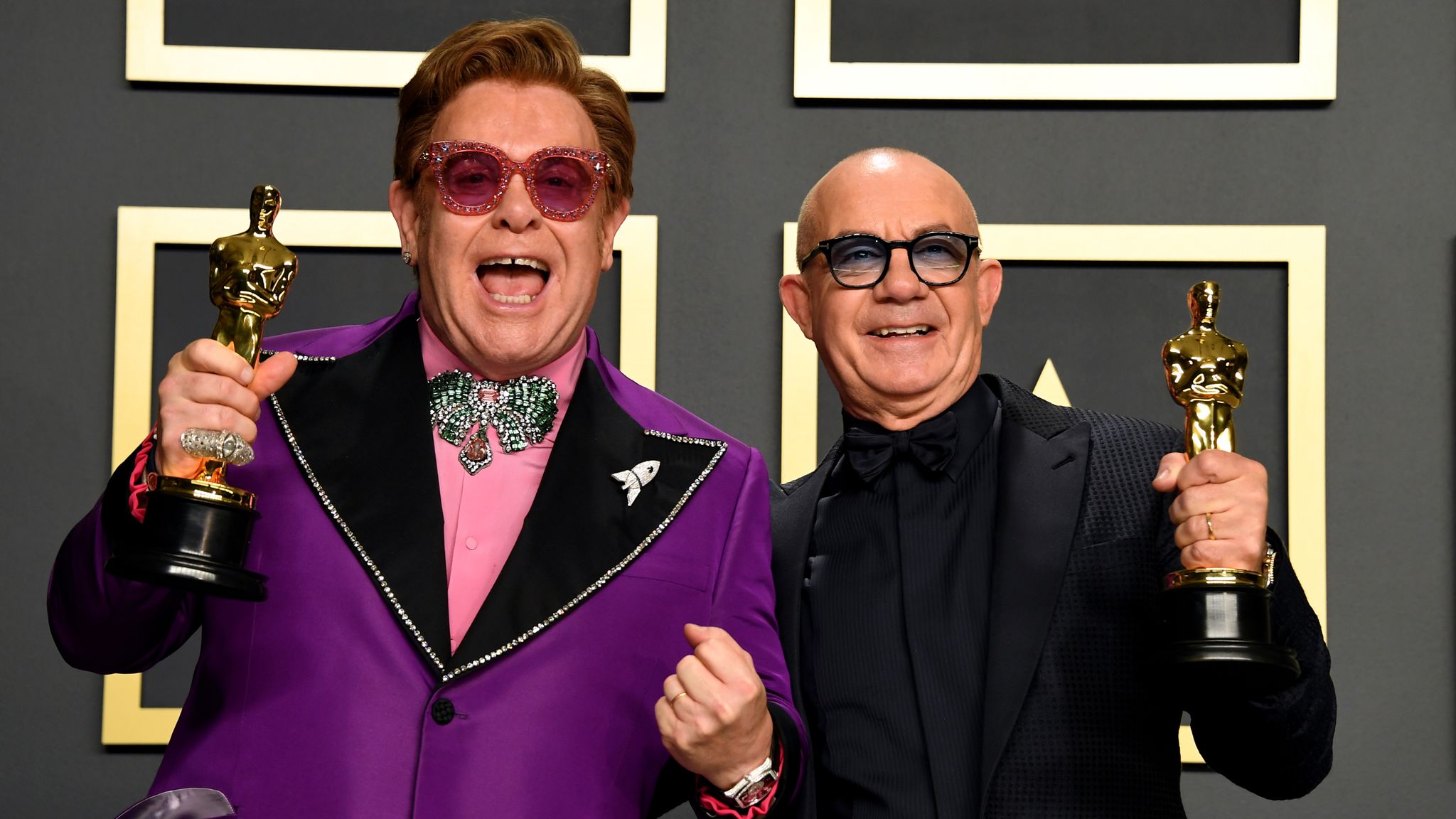 Elton John and Bernie Taupin with their Best Original Song Oscar for in the press room at the 92nd Academy Awards held at the Dolby Theatre in Hollywood, Los Angeles, USA. PA Photo. Picture date: Sunday February 9, 2020. See PA story SHOWBIZ Oscars. Photo credit should read: Jennifer Graylock/PA Wire