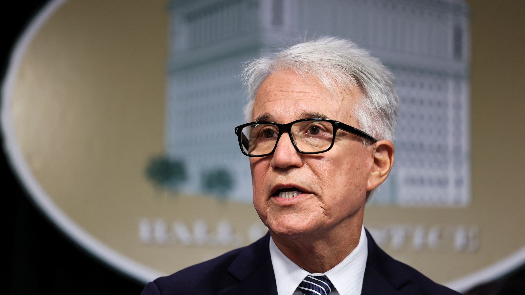 Los Angeles County District Attorney George Gascon speaks during a news conference to announce a decision in the case of brothers Erik and Lyle Menendez, who have spent 34 years in prison for the shotgun murder of their parents, at his office in Los Angeles, California, U.S., October 24, 2024. REUTERS/Mike Blake