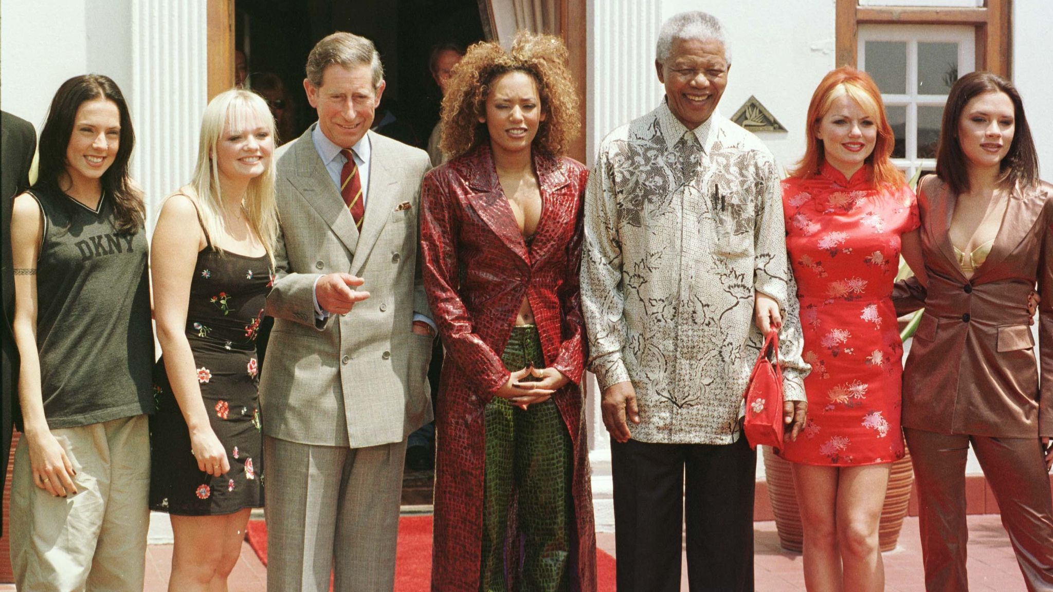 Prince Charles and then South African President Nelson Mandela with the Spice Girls - (left to right): Mel C, Emma, Mel B, Geri and Victoria - at the presidential residence Mahlamba Nalopfu in Pretoria, South Africa in November 1997