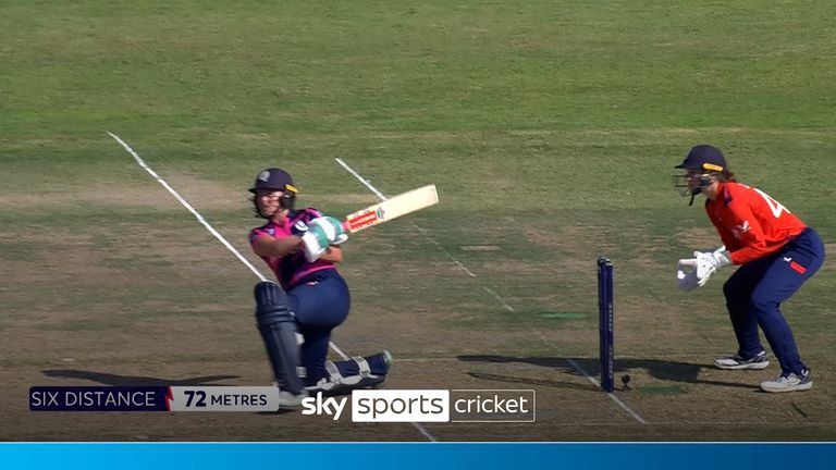 Ailsa Lister smashes Scotland&#39;s first six of the 2024 Women&#39;s T20 Cricket World Cup campaign which goes an impressive distance of 72 metres. 