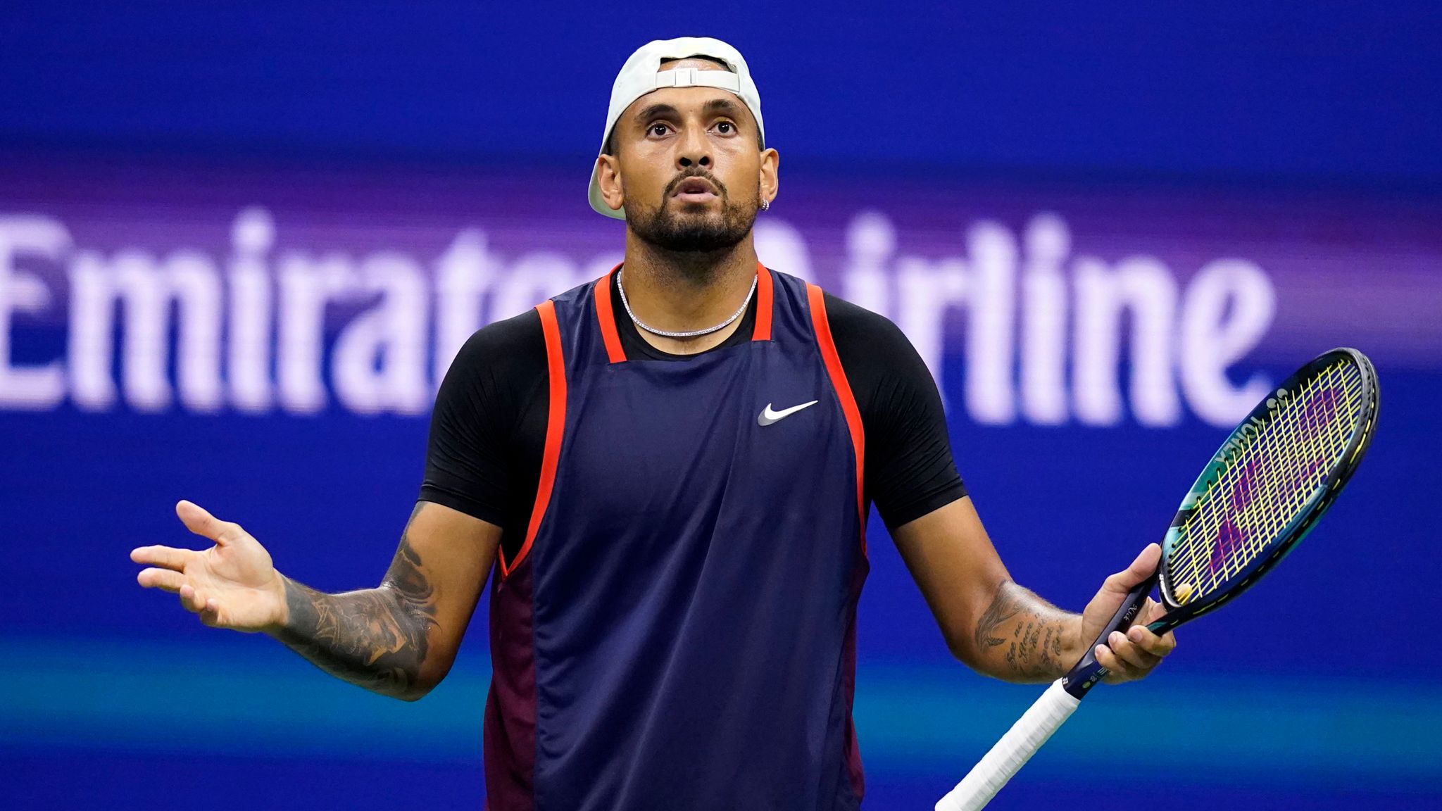 Nick Kyrgios, of Australia, reacts as he plays Karen Khachanov, of Russia, during the quarterfinals of the U.S. Open tennis championships, Tuesday, Sept. 6, 2022, in New York. (AP Photo/Charles Krupa)