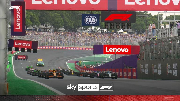 George Russell overtook Lando Norris for the race lead on the opening corner, while Max Verstappen quickly overtook Lewis Hamilton to climb to 10th.