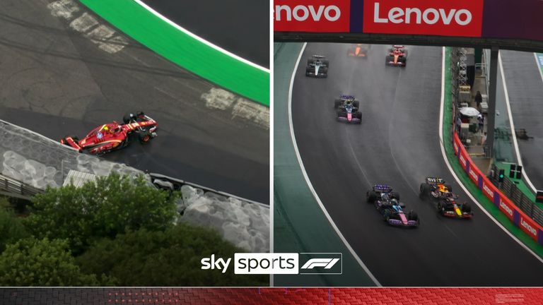 After Carlos Sainz&#39;s crash brought out the safety car, Max Verstappen overtook Esteban Ocon for the lead of the race in Brazil.