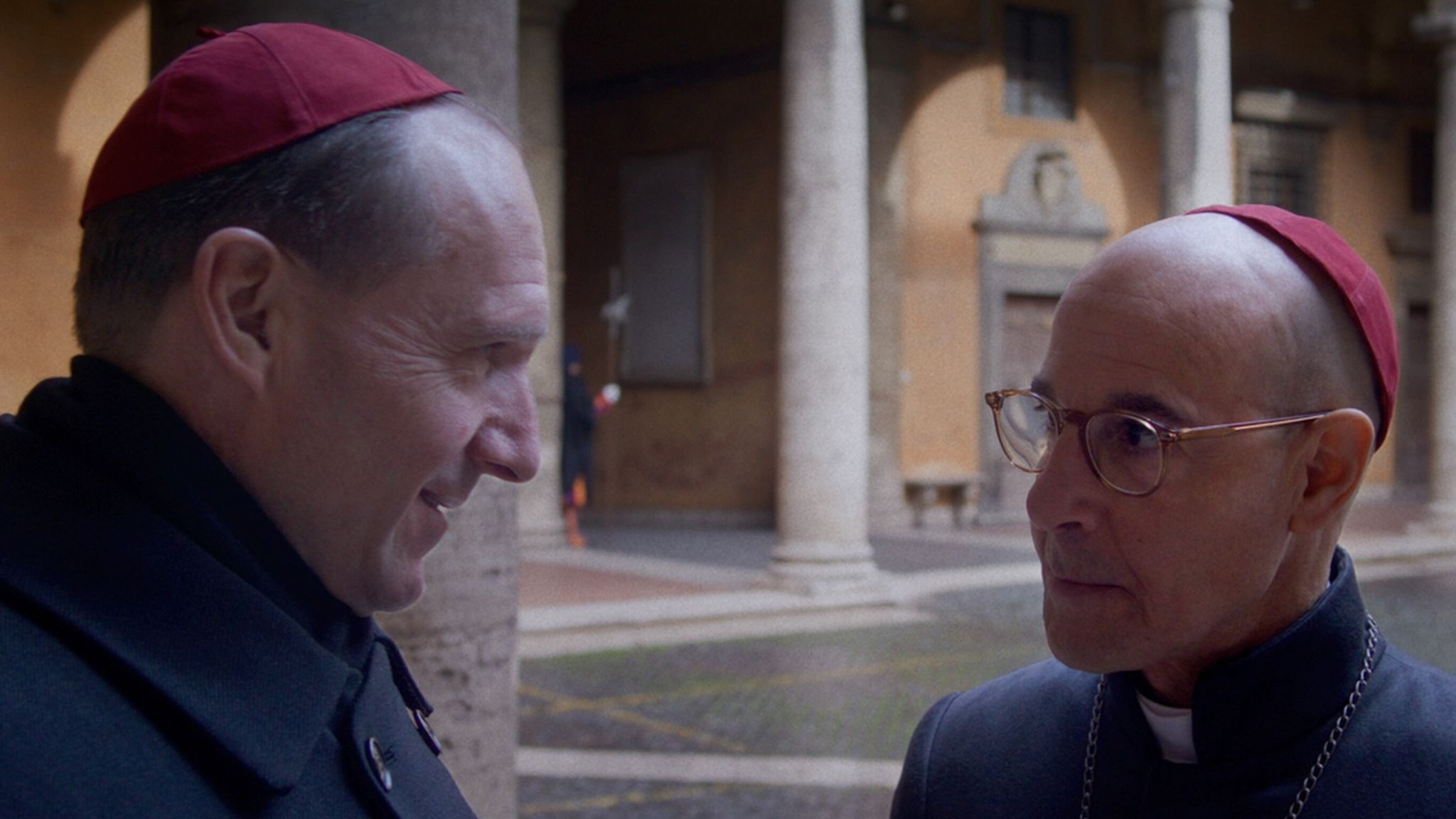 Ralph Fiennes as Cardinal Lawrence and Stanley Tucci as Cardinal Bellini in Conclave. Pic: Focus Features 2024