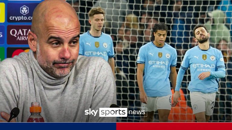 Manchester City&#39;s Bernardo Silva, second right, reacts after Feyenoord scored their third goal during the Champions League opening phase soccer match between Manchester City and Feyenoord at the Etihad Stadium in Manchester, England, Tuesday, Nov. 26, 2024.