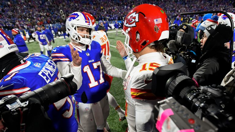 Buffalo Bills quarterback Josh Allen (17) greets Kansas City Chiefs quarterback Patrick Mahomes (15) after playing in an NFL AFC division playoff football game, Sunday, Jan. 21, 2024, in Orchard Park, N.Y.