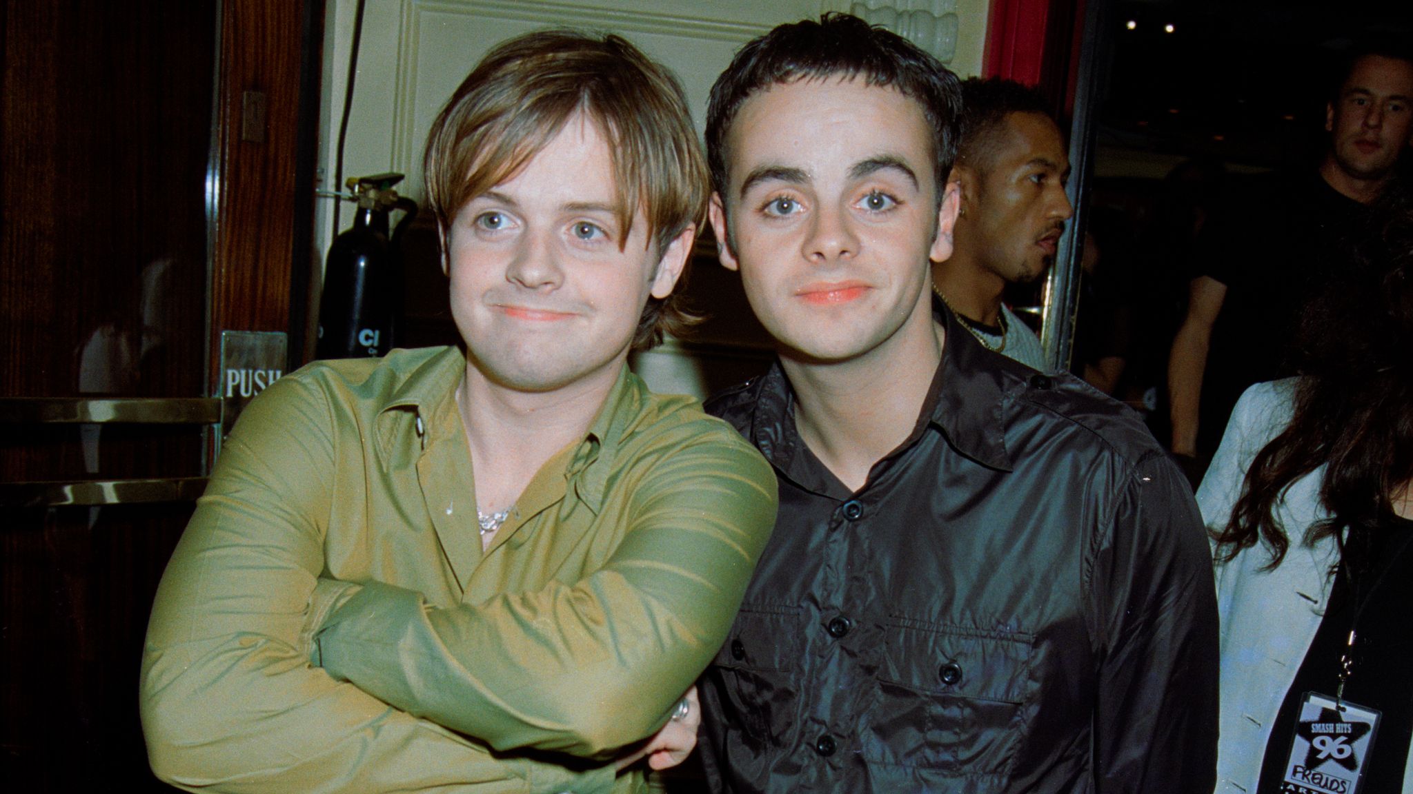 Pic: Dave Benett/Getty British television presenting duo Ant & Dec attend a party being held at the Groucho Club for the Smash Hits Poll Winners Party, London, December 1996. (Photo by Dave Benett/Getty Images)