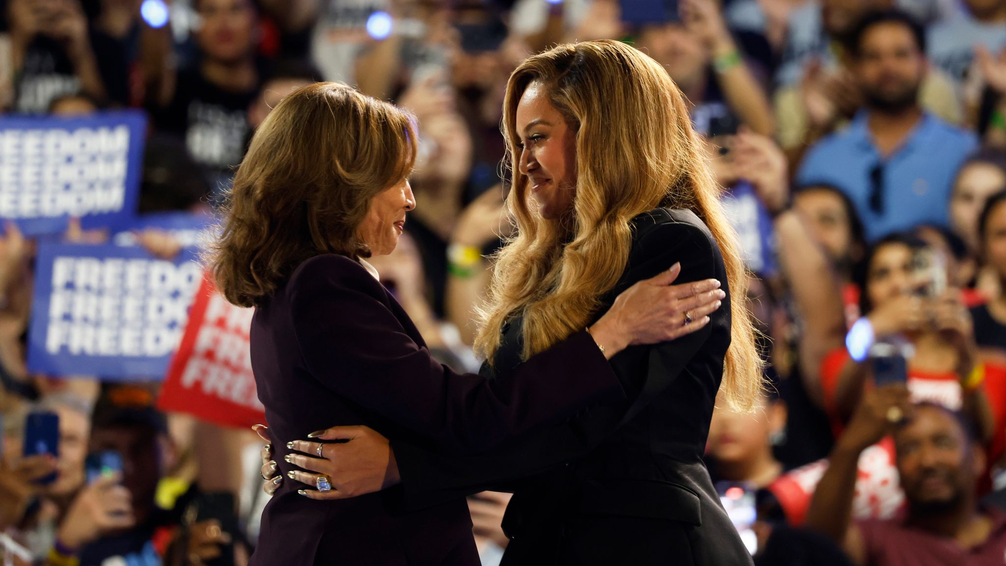 Beyoncé hugged Kamala Harris after welcoming her to the stage. Pic: AP