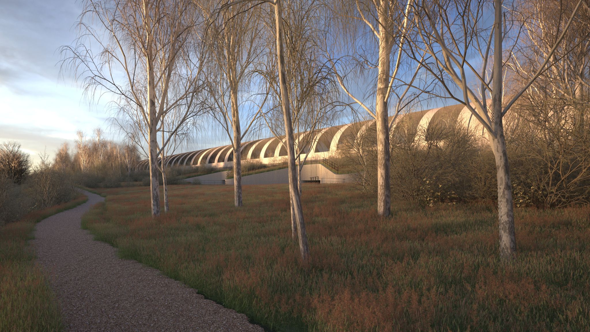 Undated handout artist's impression image issued by HS2 of the Sheephouse Wood bat protection structure which will run for around one kilometre (0.6 miles) alongside the wood, creating a barrier allowing bats to cross above the high-speed HS2 railway without being affected by passing trains. Issue date: Thursday November 7, 2024. 