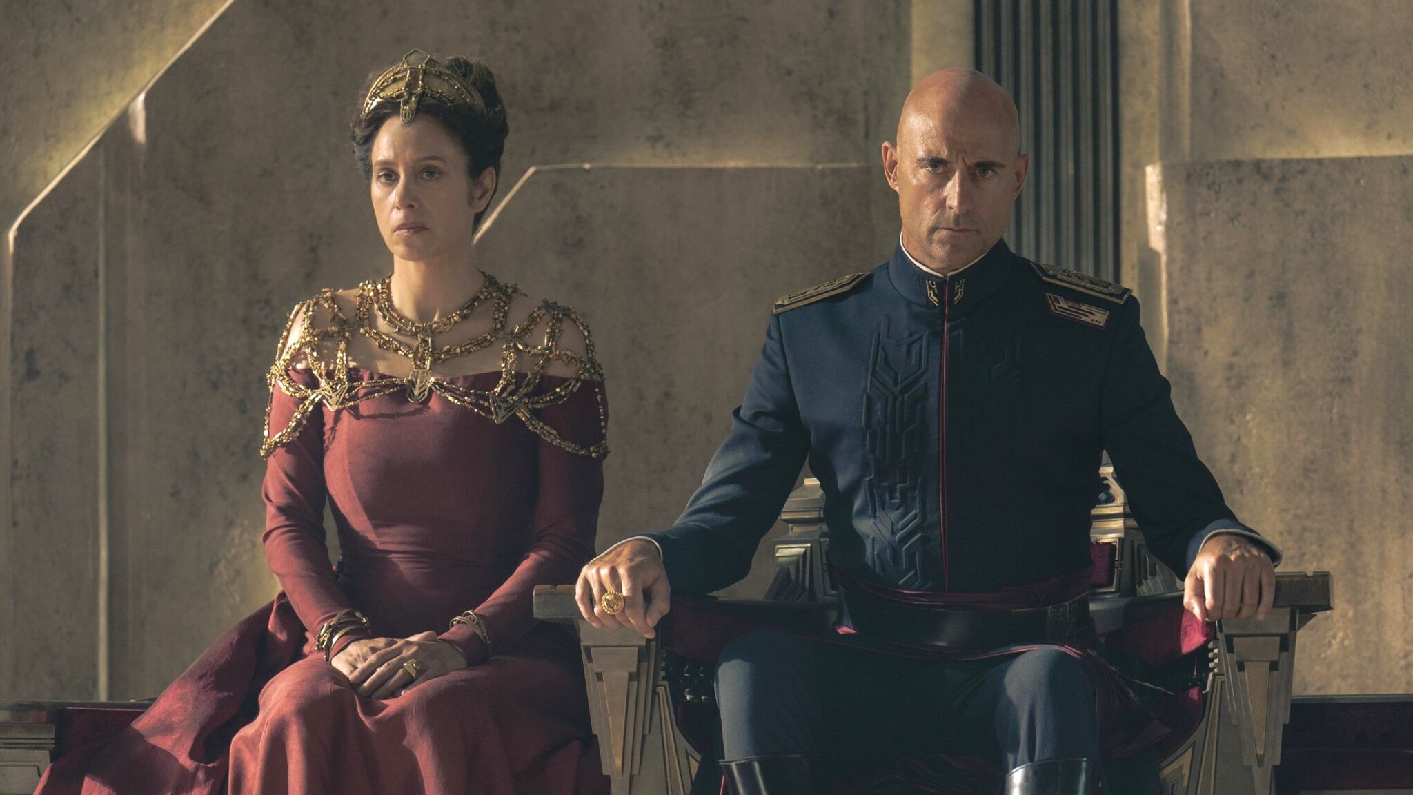 Jodhi May as Empress Natalya Arat Corrino and Mark Strong as Emperor Javicco Corrino in Dune - Prophecy. Pic: Sky Atlantic/ HBO