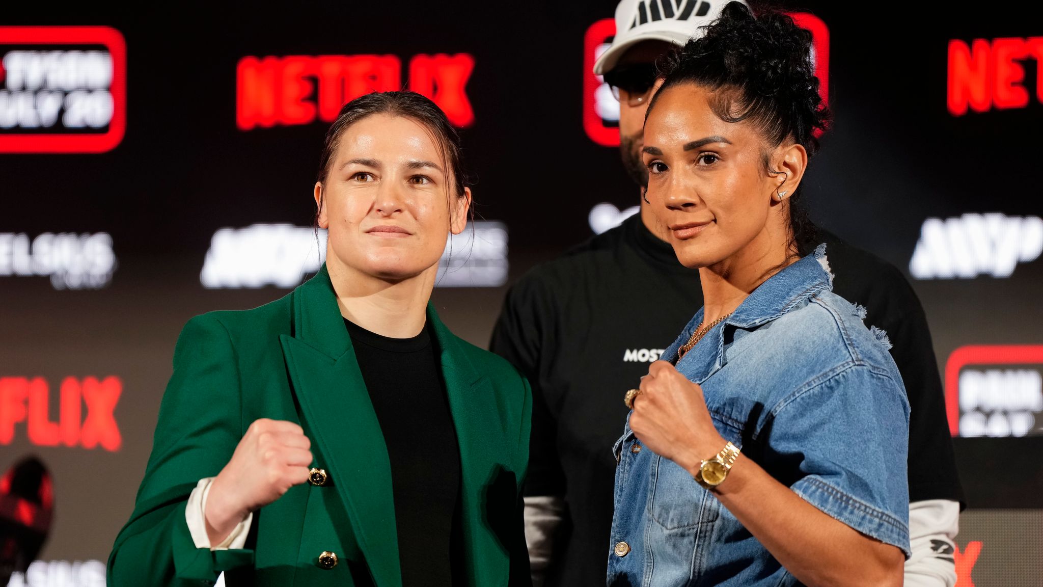 Katie Taylor, left, and Amanda Serrano pose for photos during a news conference in May. Pic: AP