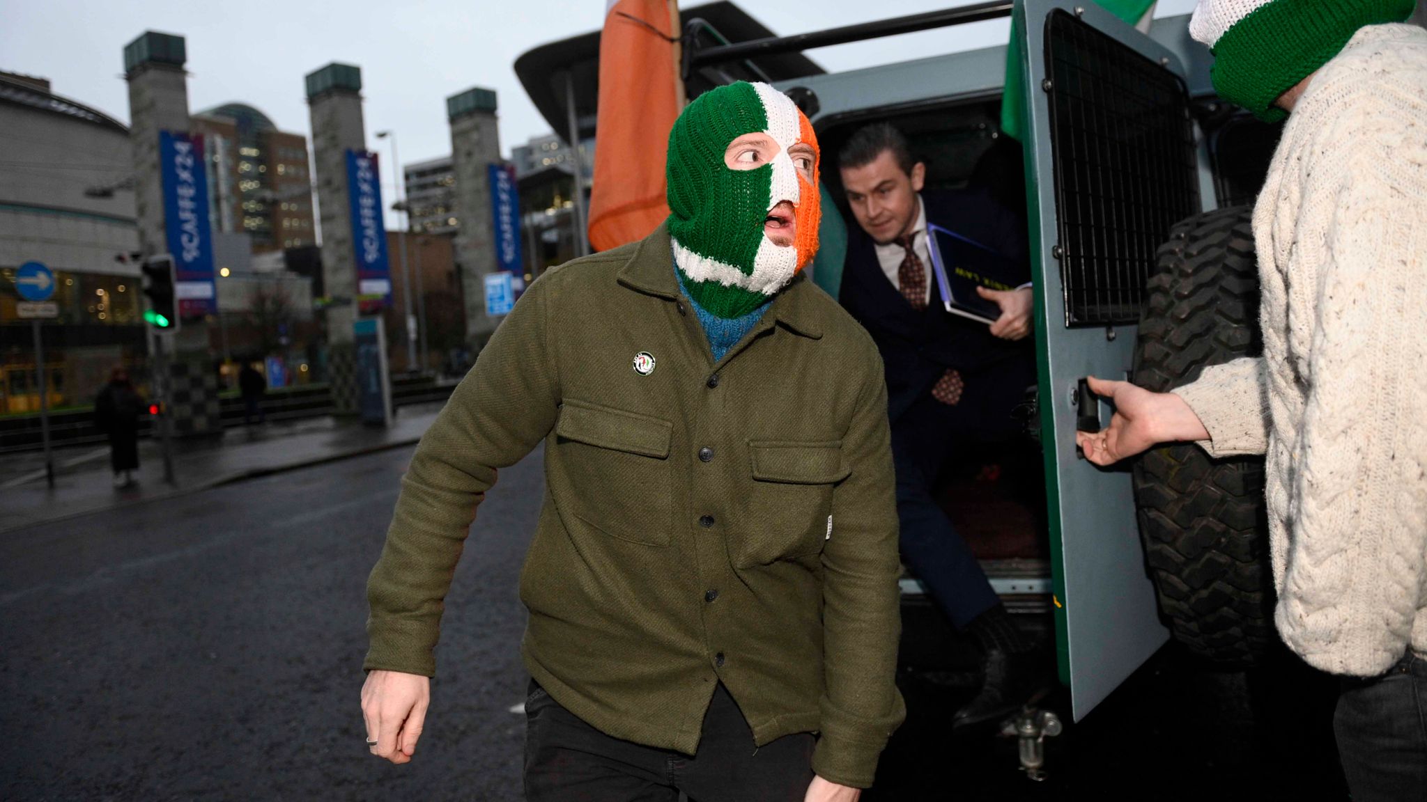 JJ O'Dochartaigh, also known as DJ Provai, of the Belfast-based rap group Kneecap, arrives at Belfast High Court where the Irish language rap-trio has won its legal challenge over a decision by former business secretary Kemi Badenoch to refuse them a £14,250 funding award after the UK Government conceded at Belfast High Court it was "unlawful". Picture date: Friday November 29, 2024.