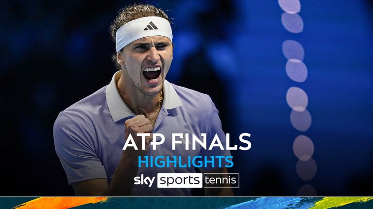 Germany&#39;s Alexander Zverev reacts during the singles tennis match of the ATP World Tour Finals against Russia&#39;s Andrey Rublev