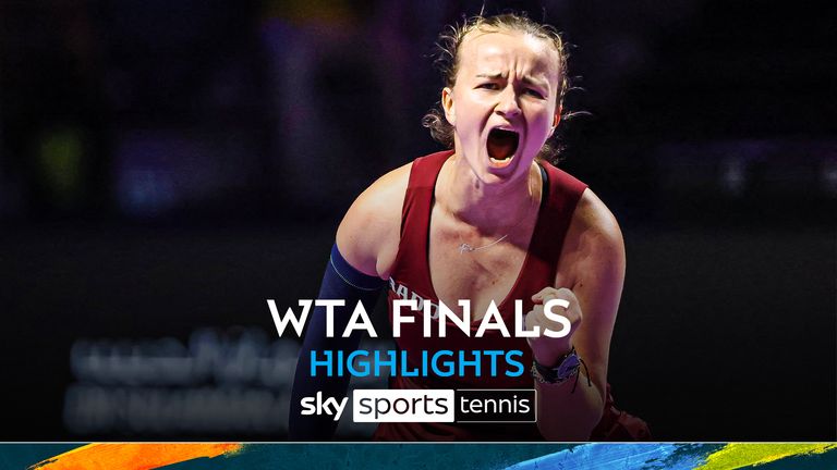 Czech Republic&#39;s Barbora Krejcikova reacts after winning against US&#39; Jessica Pegula during their women&#39;s singles tennis match at the WTA Finals Championship in Riyadh