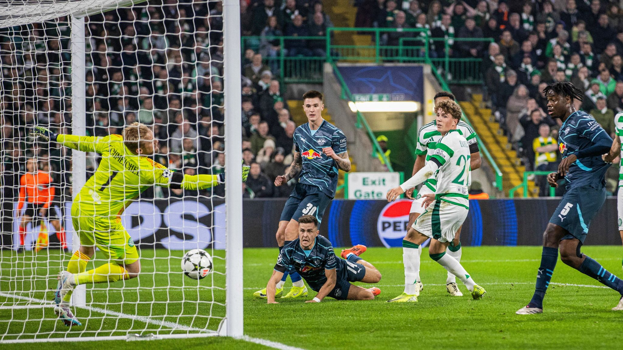 Leipzig's Christoph Baumgartner scores to make it 1-0 vs Celtic