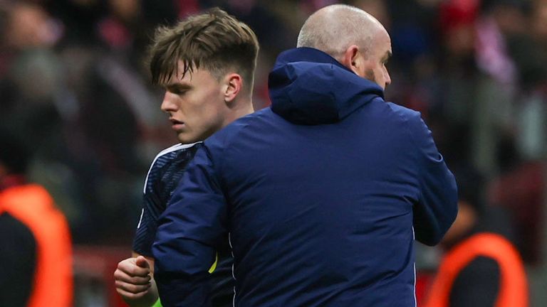 WARSAW, POLAND - NOVEMBER 17: Scotland head coach Steve Clarke with Ben Doak during the UEFA Nations League 2024/25 League A Group A1 match between Poland and Scotland at the PGE Narodowy, on November 18, 2024, in Warsaw, Poland. (Photo by Craig Williamson / SNS Group)