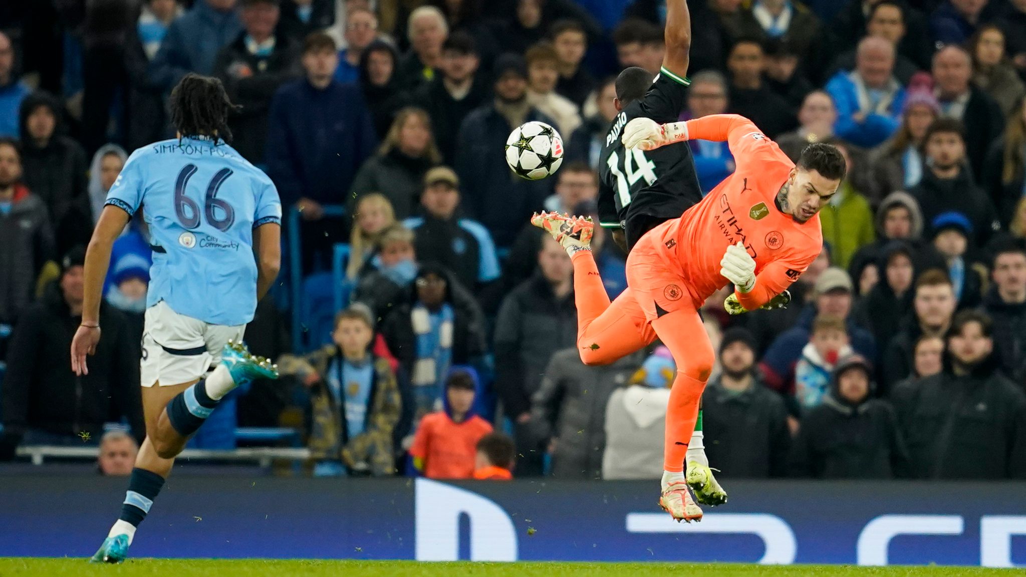 Ederson is beaten to the ball by Feyenoord's Igor Paixao in the build-up to the third goal 