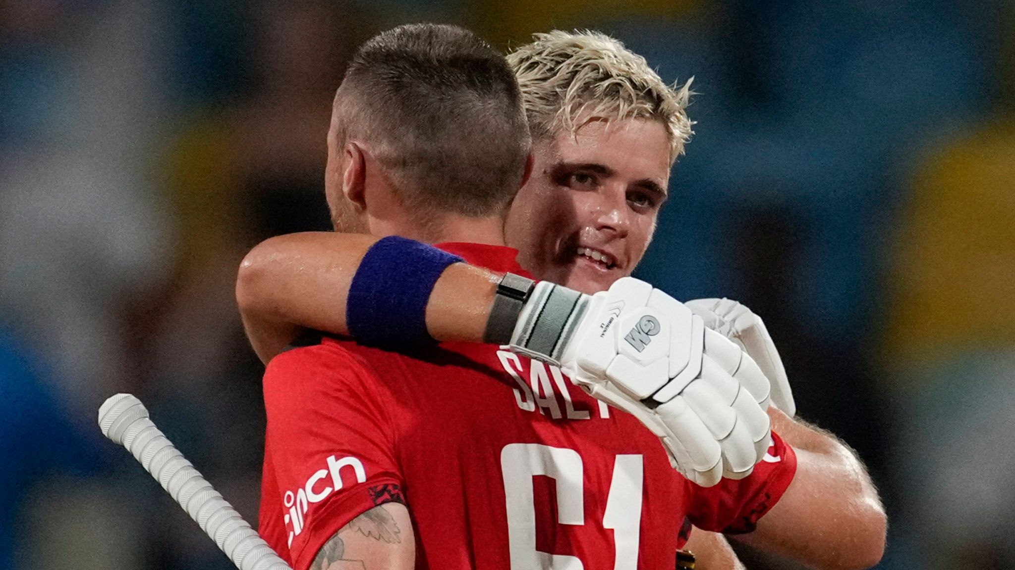 England's Phil Salt (left) and Jacob Bethell (right) after win over West Indies in second T20 international in Barbados in November 2024 (Associated Press)