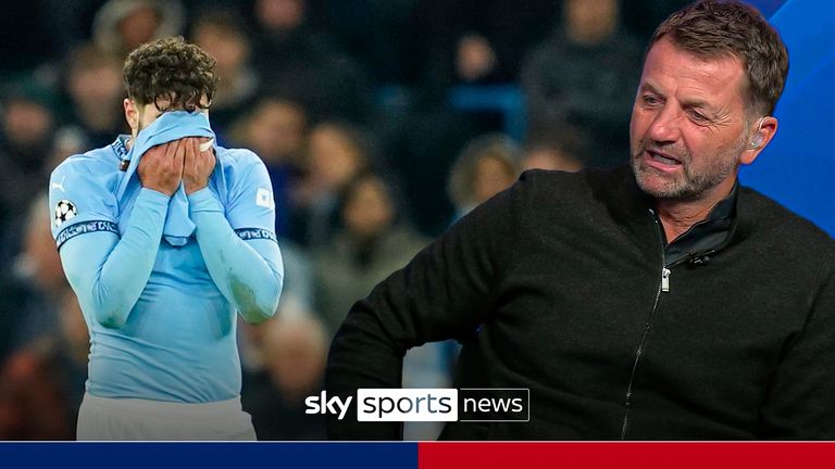 Manchester City&#39;s Josko Gvardiol reacts after Feyenoord&#39;s Santiago Gimenez scored a goal during the Champions League opening phase soccer match between Manchester City and Feyenoord at the Etihad Stadium in Manchester, England, Tuesday, Nov. 26, 2024.